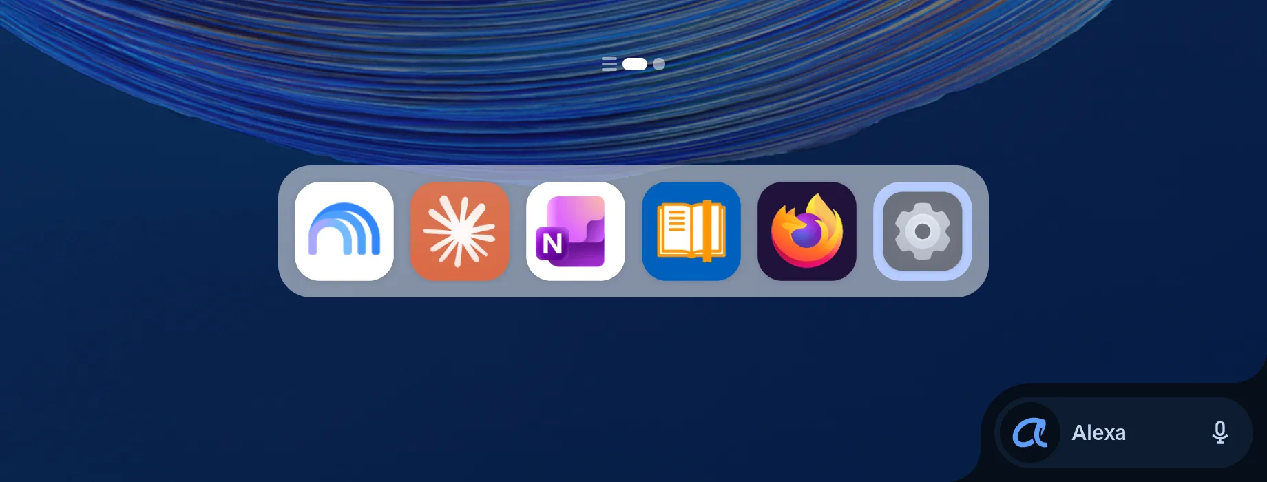 Taskbar of the Alexa Tablet 12 Pro: app dock in the middle, Alexa icon with microphone at the bottom right