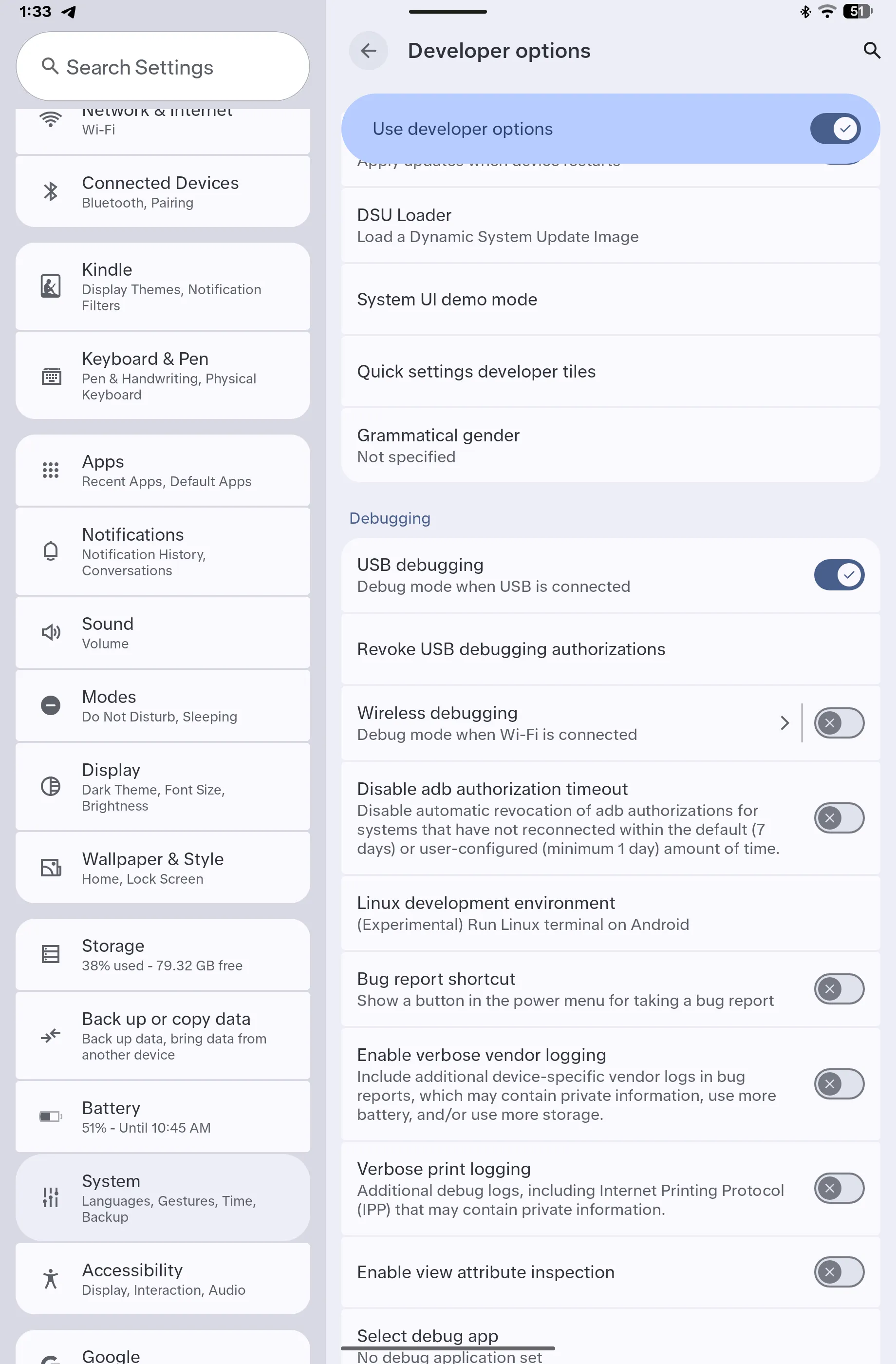 Developer options on the Alexa Tablet 12 Pro with Use developer options and USB debugging turned on