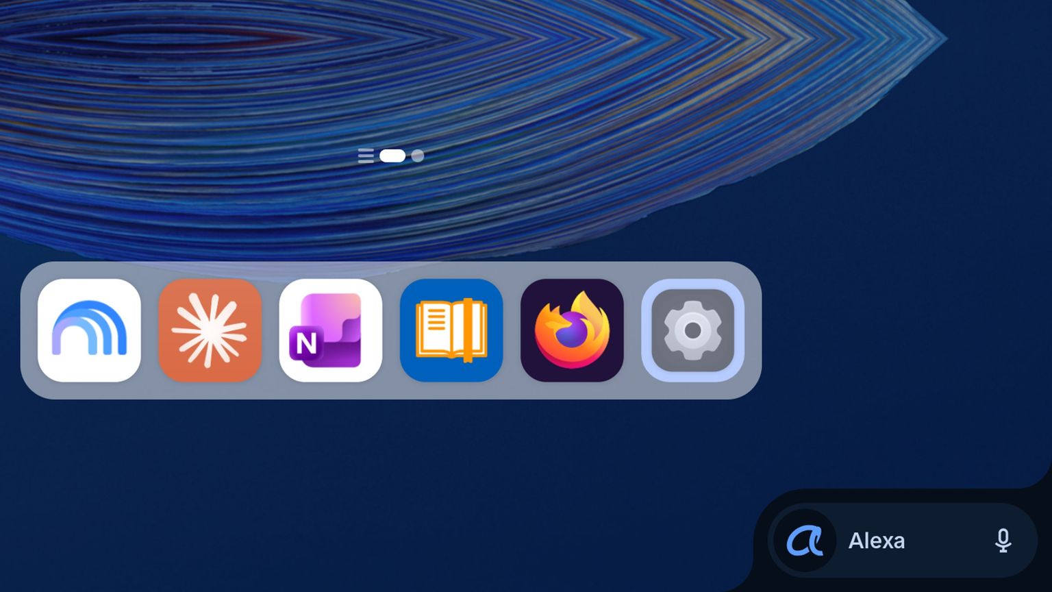 Bottom of the Alexa Tablet 12 Pro home screen with the app dock and the Alexa button with microphone at the bottom right