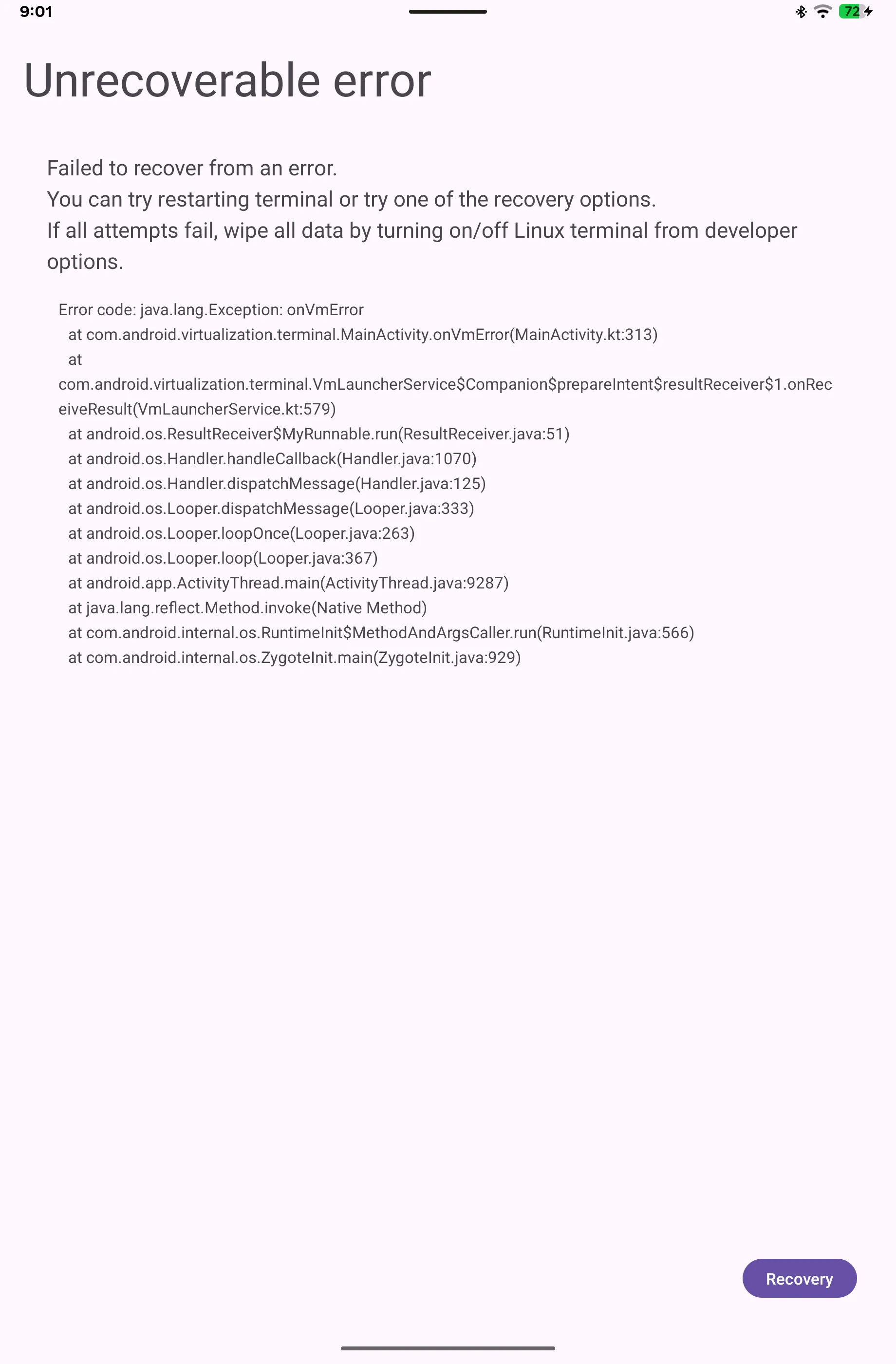 Unrecoverable error in the Terminal app with error code java.lang.Exception: onVmError and a stack trace