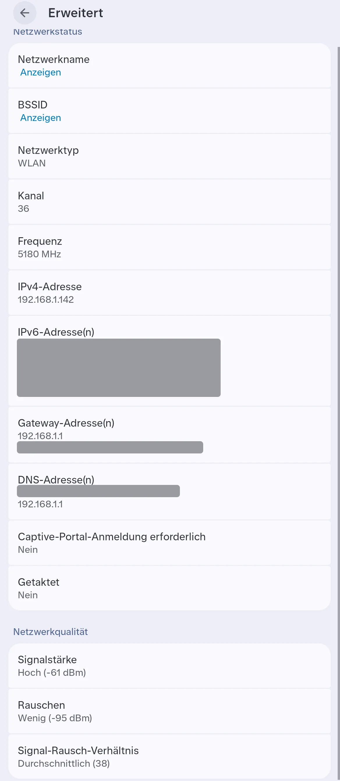 Advanced view of the Network Advisor on the Alexa Tablet 12 Pro (German UI) with channel 36, frequency 5180 MHz, signal strength -61 dBm, noise -95 dBm and a signal-to-noise ratio of 38, IPv6 addresses redacted