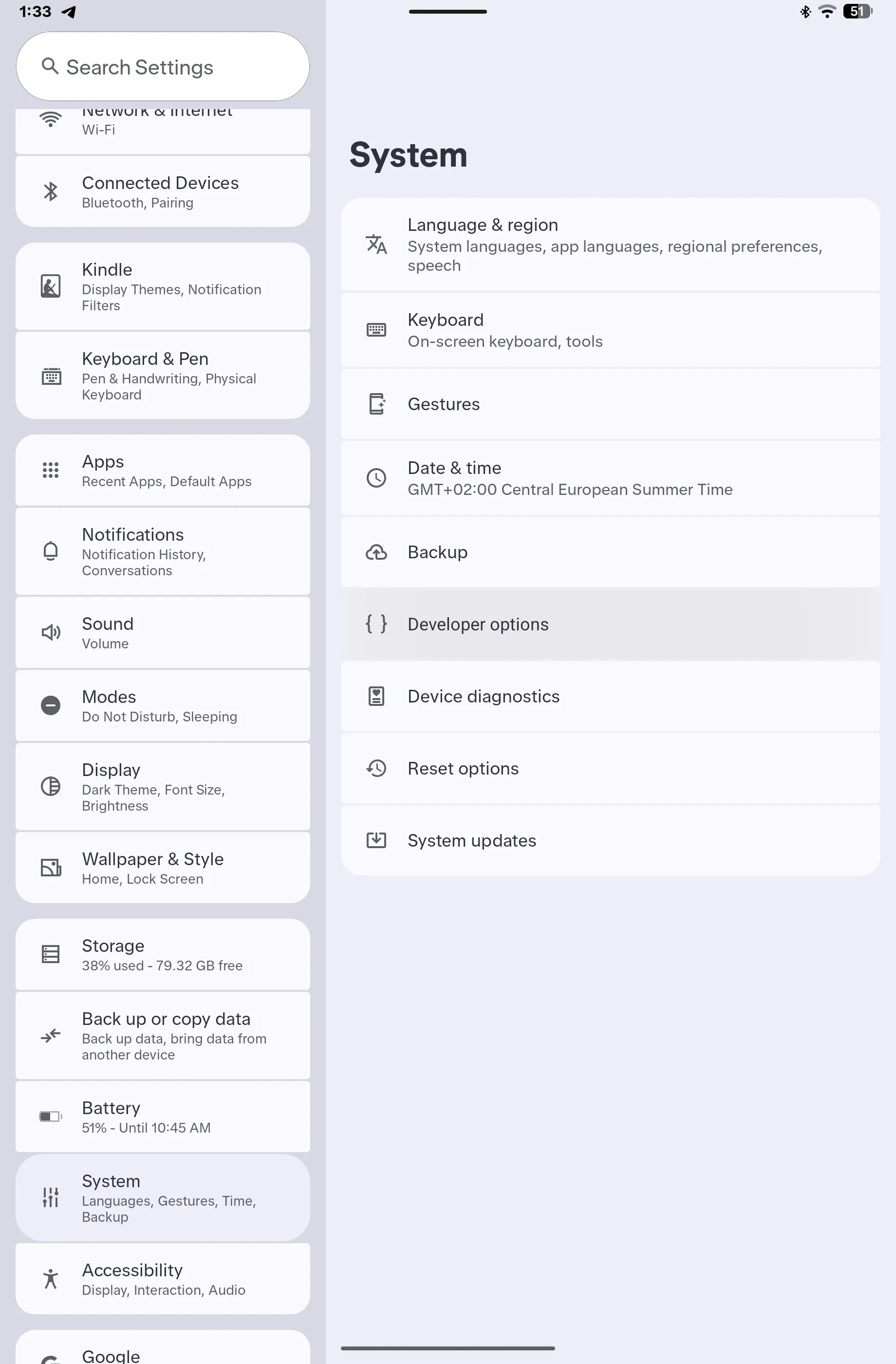 System page in the settings of the Alexa Tablet 12 Pro with Developer options listed between Backup and Device diagnostics