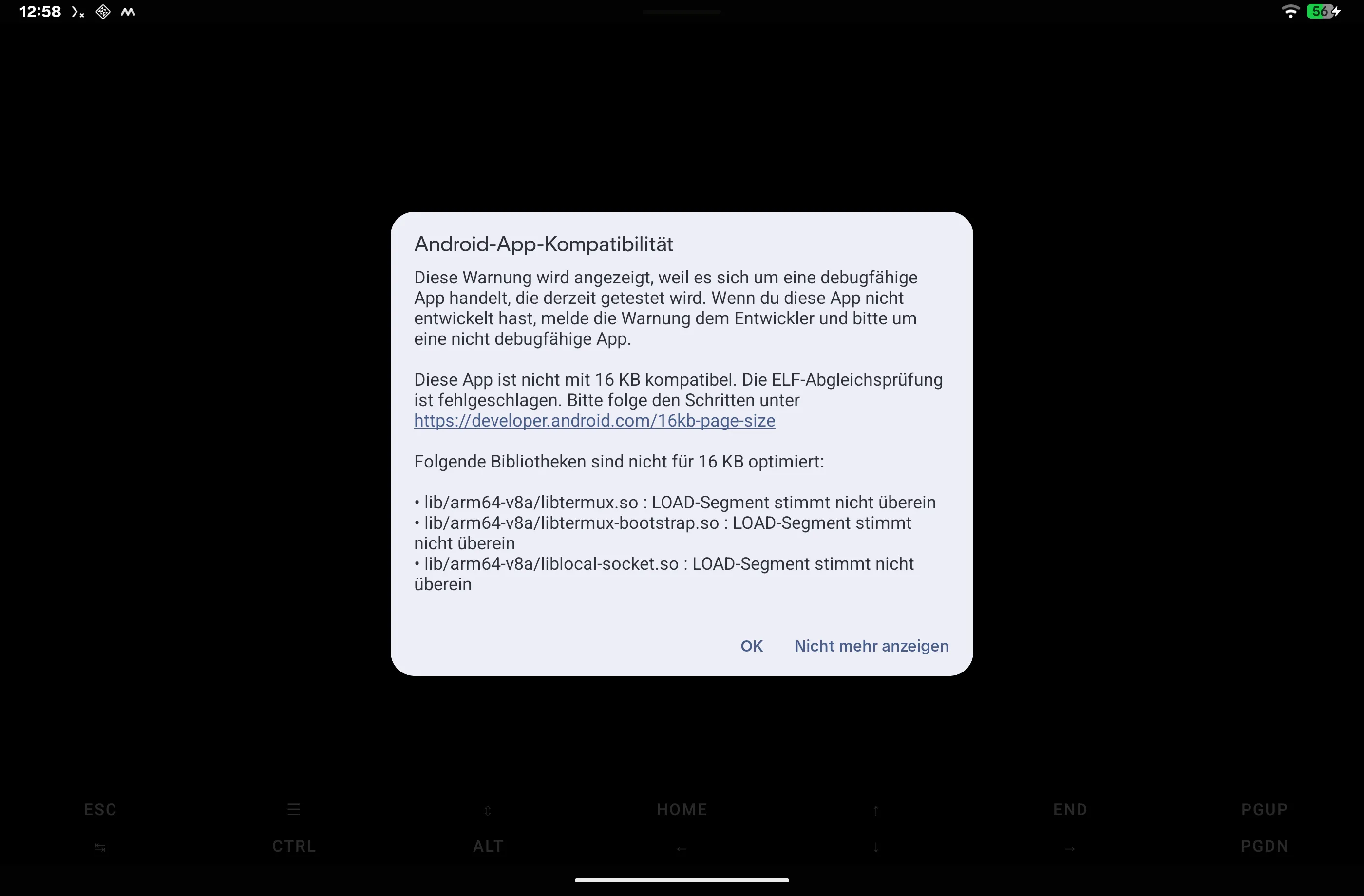 Android app compatibility dialog (German UI): Termux libraries are not optimized for 16 KB memory pages